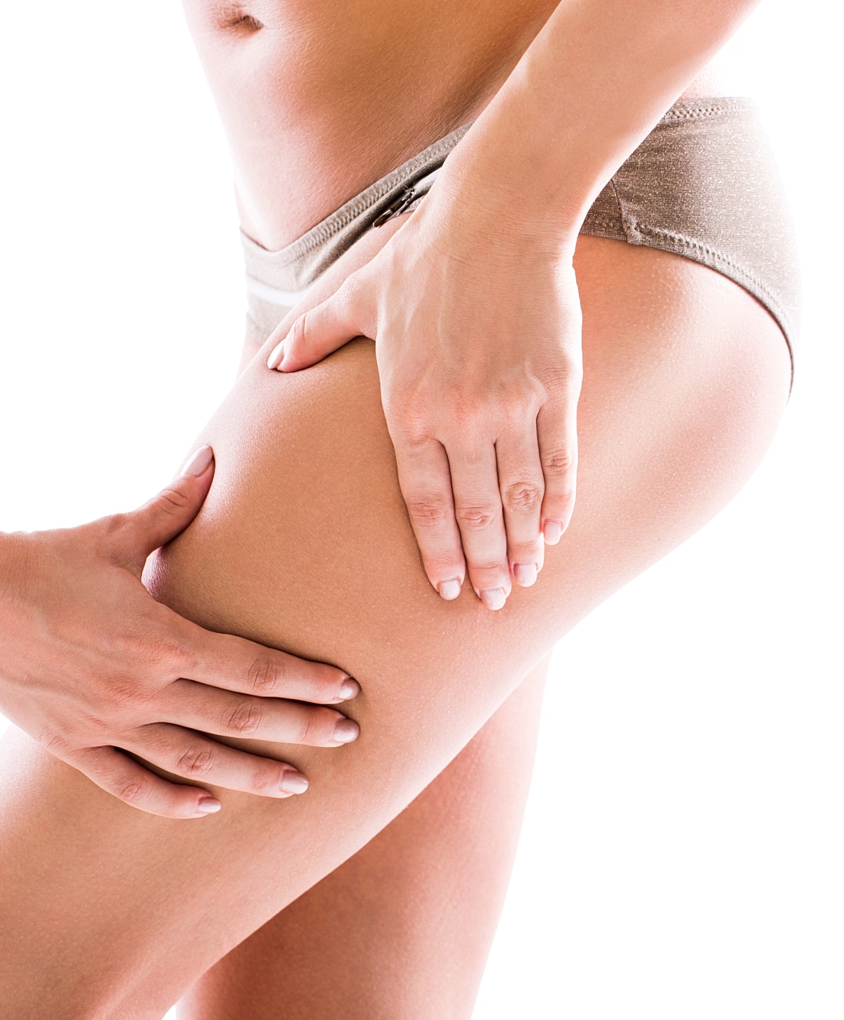Person touching thigh with gentle grip.