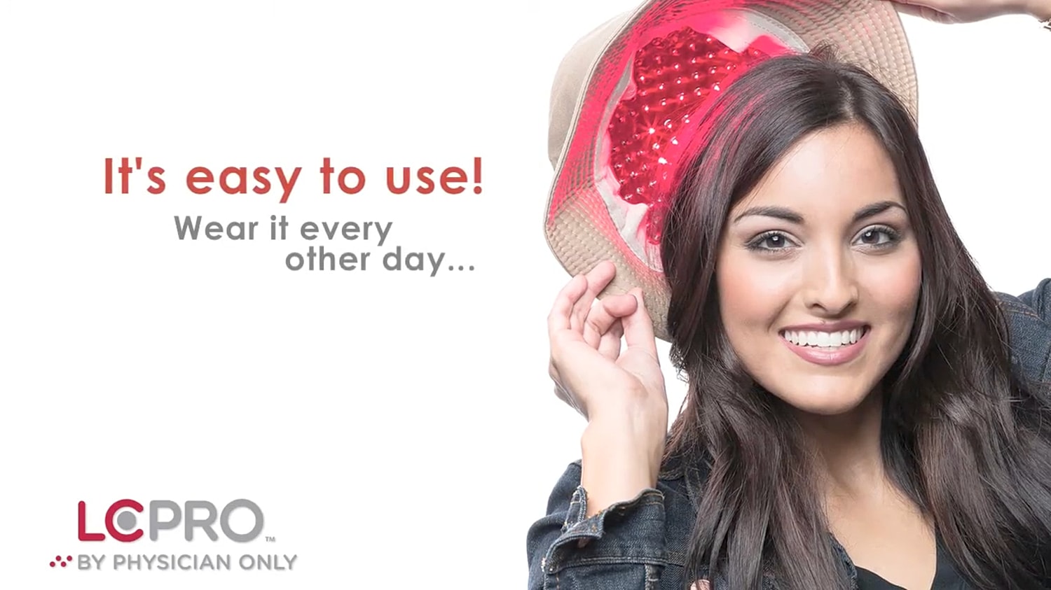 Woman promoting wearable health device with smile.
