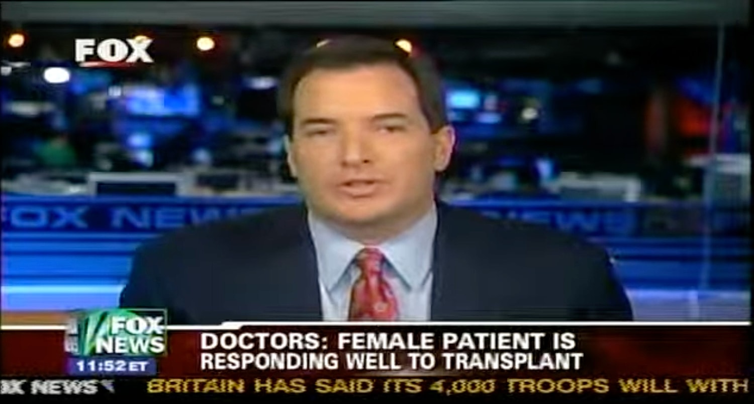News anchor discussing patient transplant update.